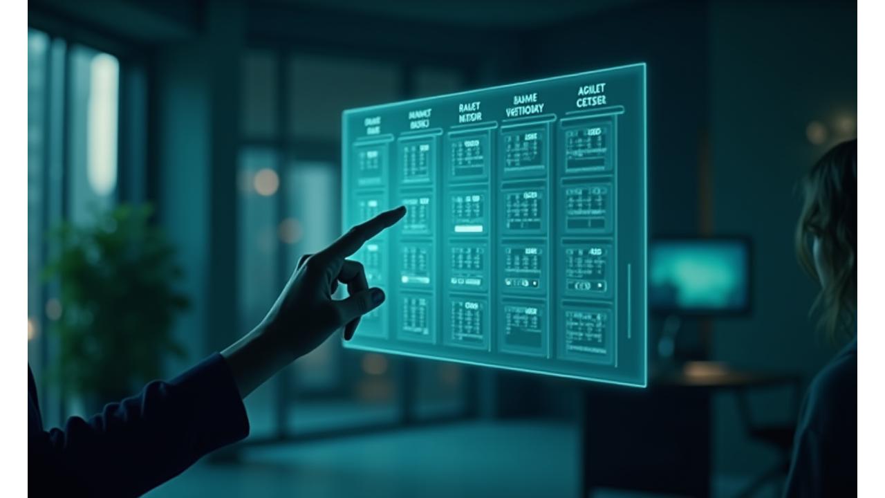 Interface d'un calendrier de réservation en ligne affichant des créneaux disponibles pour des démonstrations. Lumières tamisées reflétant l'innovation.