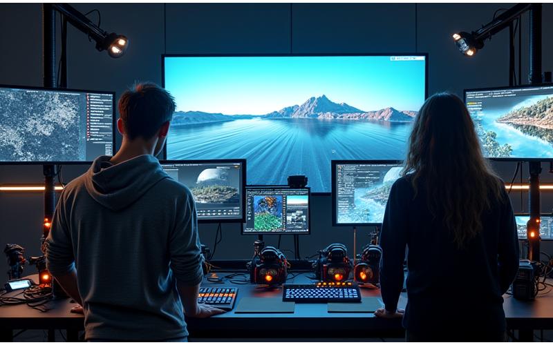 Un studio de post-production mêlant des éléments high-tech et un artiste travaillant sur une scène VR, illustrant le processus créatif de personnalisation d'expériences virtuelles.