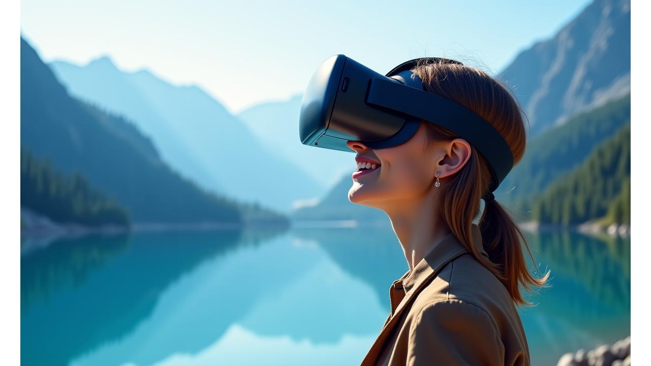 Une personne souriante portant un casque de réalité virtuelle, observant un paysage immaculé de montagne avec un lac d'un bleu profond, suggérant une prévisualisation de voyage immersive.