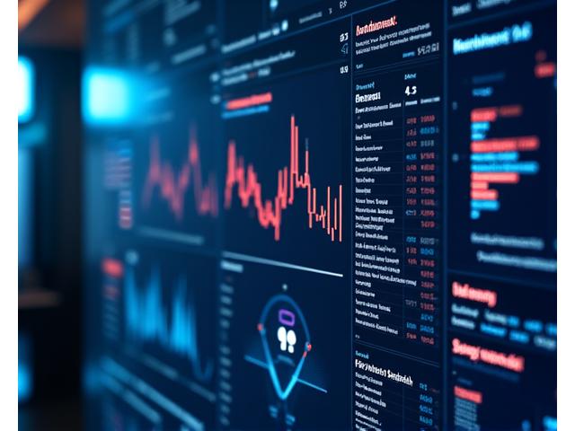 Tableau de bord de détection de fraude avec des graphiques en temps réel montrant un scoring de risque, des schémas d'anomalies, et des alertes de sécurité, mis en évidence par des éléments visuels d'intelligence artificielle.