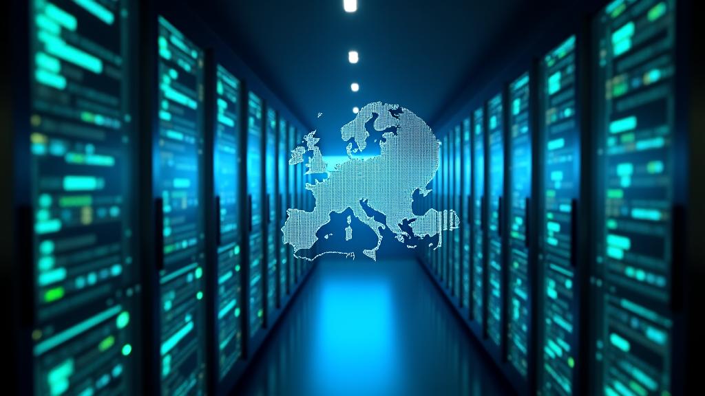Visualisation en 3D d'un réseau sécurisé avec des éléments de chiffrement et des boucliers protecteurs au sein d'un data center européen.