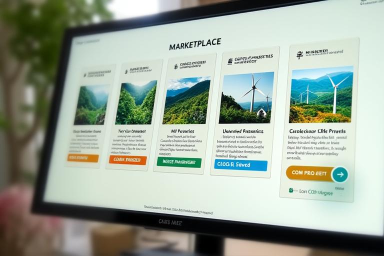 Interface d'une marketplace présentant divers projets de compensation carbone certifiés, comme la reforestation ou l'énergie solaire, avec des détails sur leur impact environnemental.