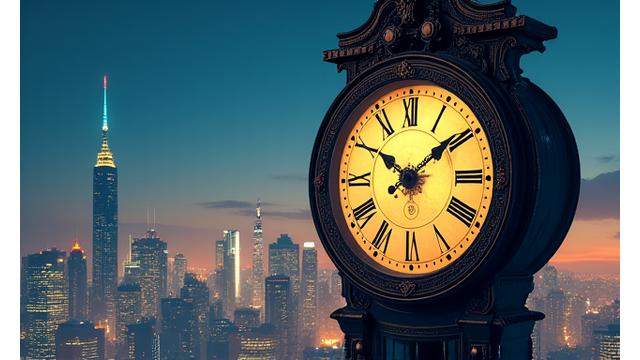 Une horloge ancienne se fondant dans un paysage futuriste de mégapoles. L'image évoque le voyage dans le temps et la fusion de l'histoire et de la technologie.